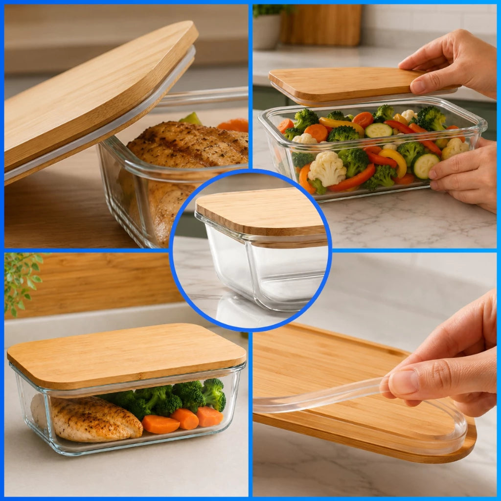 Kit Potes Herméticos de Vidro com Tampa de Bambu – Conservação, Organização e Elegância para sua Cozinha