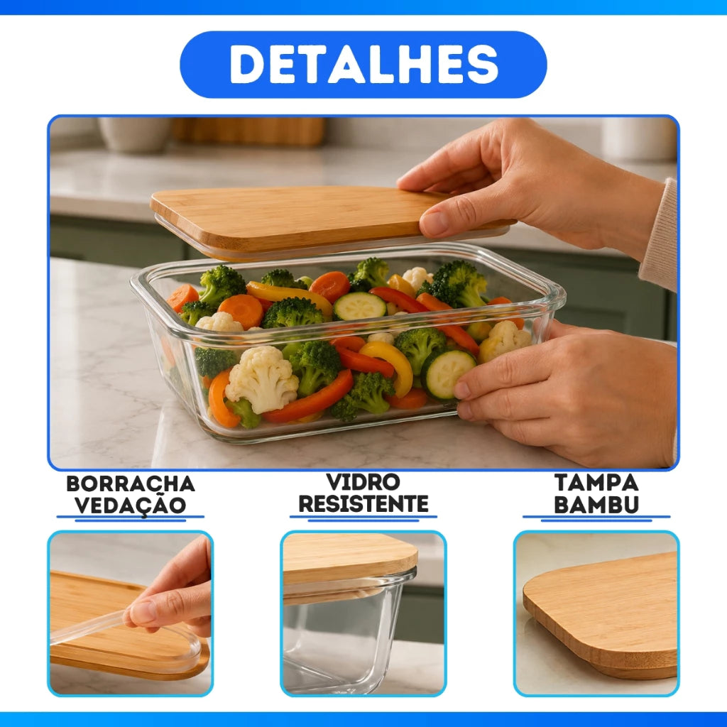Kit Potes Herméticos de Vidro com Tampa de Bambu – Conservação, Organização e Elegância para sua Cozinha