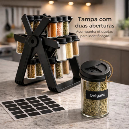 Porta Temperos Giratório 360° com 18 Potes de Vidro | Organizador Tipo Roda Gigante para Cozinha