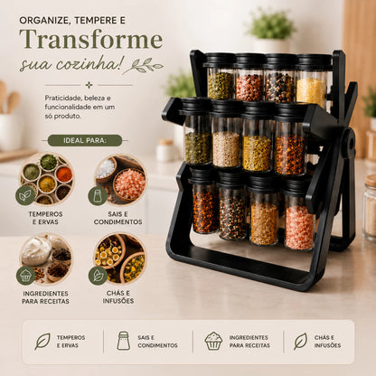 Porta Temperos Giratório 360° com 18 Potes de Vidro | Organizador Tipo Roda Gigante para Cozinha