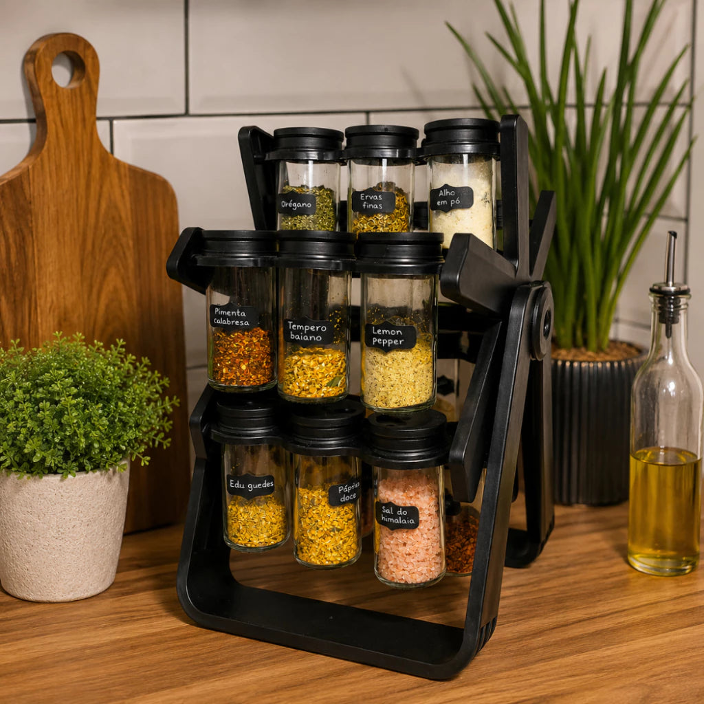 Porta Temperos Giratório 360° com 18 Potes de Vidro | Organizador Tipo Roda Gigante para Cozinha
