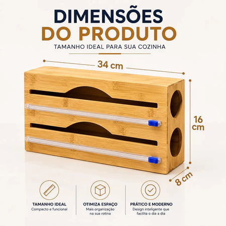 Porta Rolo Duplo de Bambu com Cortador para Papel Alumínio e Filme PVC