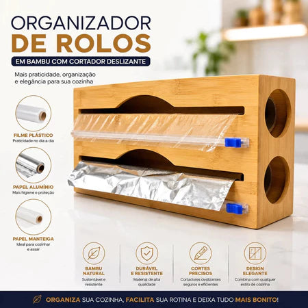 Porta Rolo Duplo de Bambu com Cortador para Papel Alumínio e Filme PVC