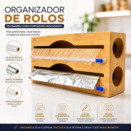 Porta Rolo Duplo de Bambu com Cortador para Papel Alumínio e Filme PVC