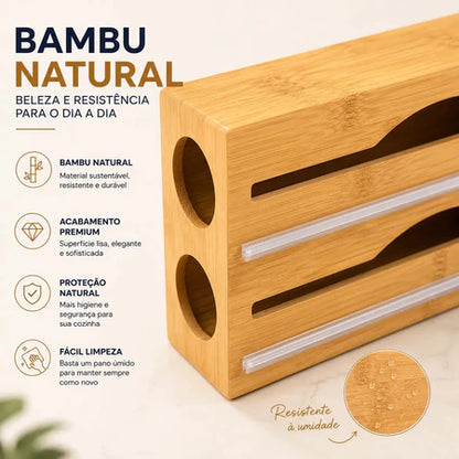 Porta Rolo Duplo de Bambu com Cortador para Papel Alumínio e Filme PVC