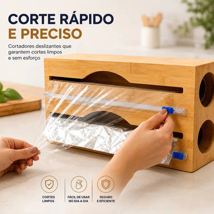 Porta Rolo Duplo de Bambu com Cortador para Papel Alumínio e Filme PVC