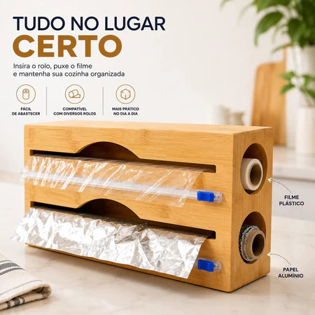 Porta Rolo Duplo de Bambu com Cortador para Papel Alumínio e Filme PVC