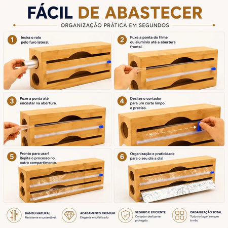 Porta Rolo Duplo de Bambu com Cortador para Papel Alumínio e Filme PVC