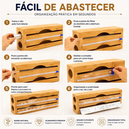 Porta Rolo Duplo de Bambu com Cortador para Papel Alumínio e Filme PVC