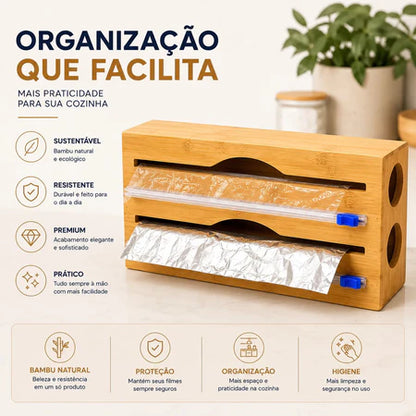 Porta Rolo Duplo de Bambu com Cortador para Papel Alumínio e Filme PVC
