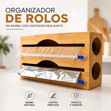 Porta Rolo Duplo de Bambu com Cortador para Papel Alumínio e Filme PVC