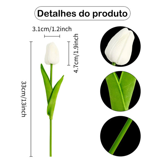 Flores Artificiais de Tulipa Branca em Poliéster  Kit 10 Decoração Minimalista de Casa e Eventos E1003