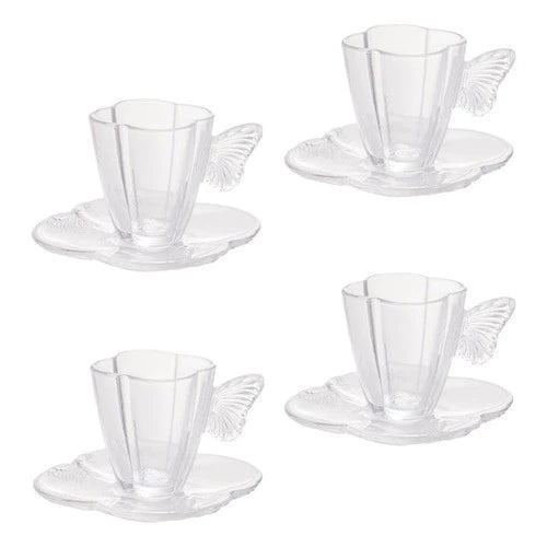 Kit 04 Xícaras De Chá Com Pires Butterfly 180ml Vidro Wolff