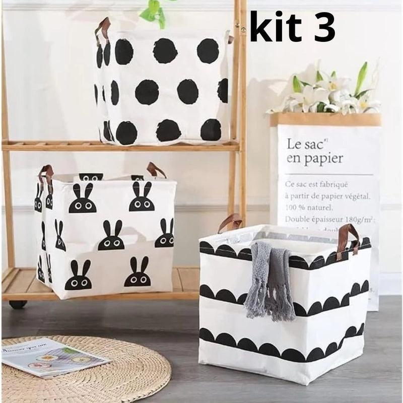 kit 3 Cestos Organizador Multiuso Dobrável Roupa Brinquedo Tecido 30 x 30 x 30