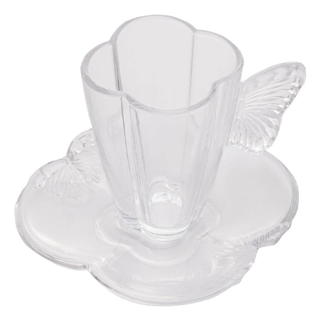 Kit 04 Xícaras De Chá Com Pires Butterfly 180ml Vidro Wolff