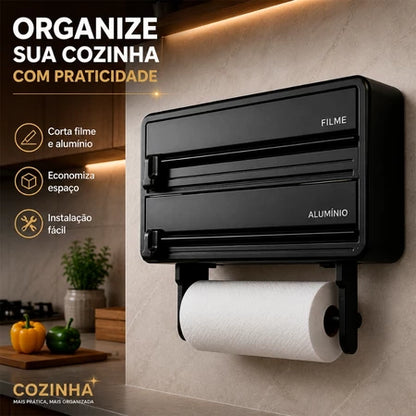 Porta Papel Toalha 3 em 1 com Cortador para Filme PVC e Papel Alumínio