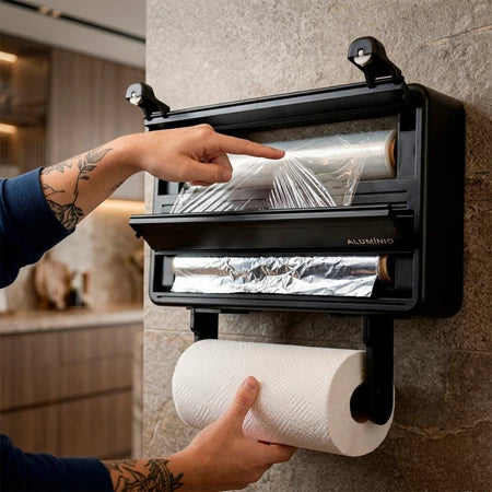Porta Papel Toalha 3 em 1 com Cortador para Filme PVC e Papel Alumínio