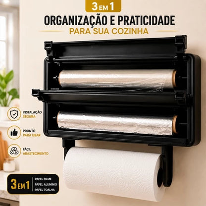 Porta Papel Toalha 3 em 1 com Cortador para Filme PVC e Papel Alumínio