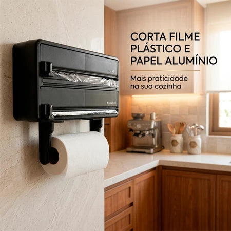 Porta Papel Toalha 3 em 1 com Cortador para Filme PVC e Papel Alumínio
