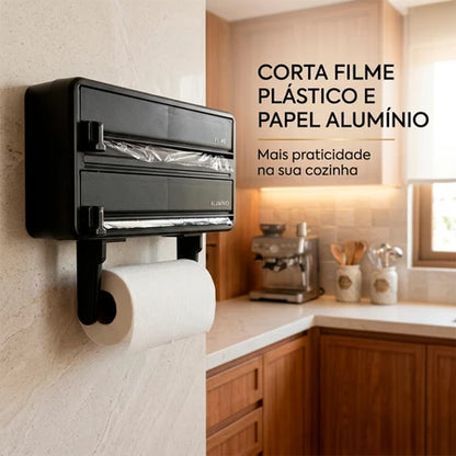Porta Papel Toalha 3 em 1 com Cortador para Filme PVC e Papel Alumínio