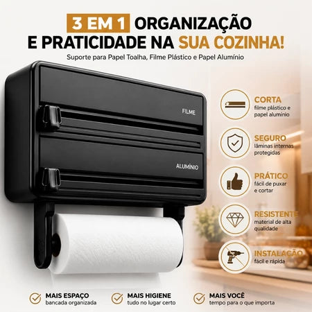 Porta Papel Toalha 3 em 1 com Cortador para Filme PVC e Papel Alumínio
