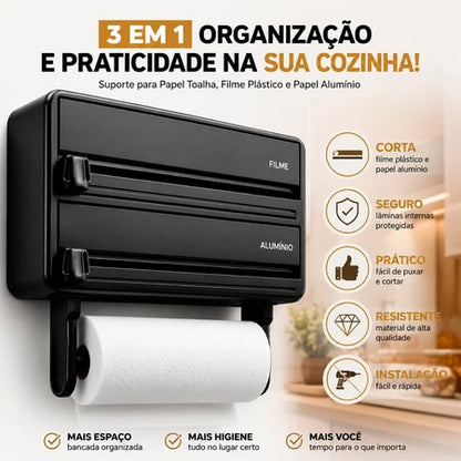 Porta Papel Toalha 3 em 1 com Cortador para Filme PVC e Papel Alumínio