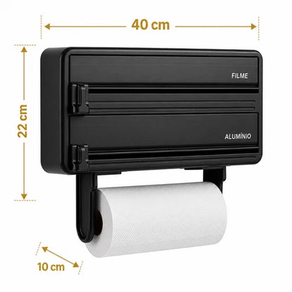 Porta Papel Toalha 3 em 1 com Cortador para Filme PVC e Papel Alumínio