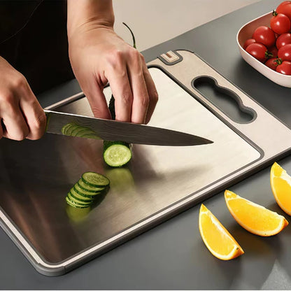 Tábua de Corte Dupla Face em Aço Inox 304 e PP com Canal Coletor