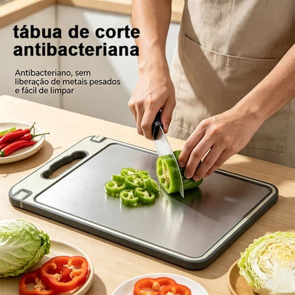 Tábua de Corte Dupla Face em Aço Inox 304 e PP com Canal Coletor