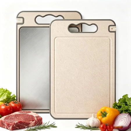 Tábua de Corte Dupla Face em Aço Inox 304 e PP com Canal Coletor