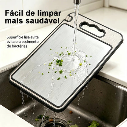 Tábua de Corte Dupla Face em Aço Inox 304 e PP com Canal Coletor