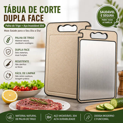 Tábua de Corte Dupla Face em Aço Inox 304 e PP com Canal Coletor