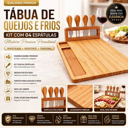 Tábua de Frios Premium em Madeira com Kit 4 Espátulas – Elegância para Servir com Sofisticação