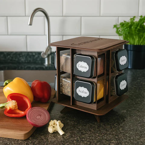 Porta Temperos Giratório em MDF com 8 Potes de Vidro – Organizador Premium para Cozinha