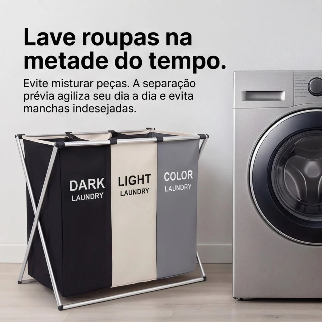 Cesto Organizador de Roupas Dobrável Triplo Premium – 3 Divisórias para Separação Inteligente | Estrutura Reforçada