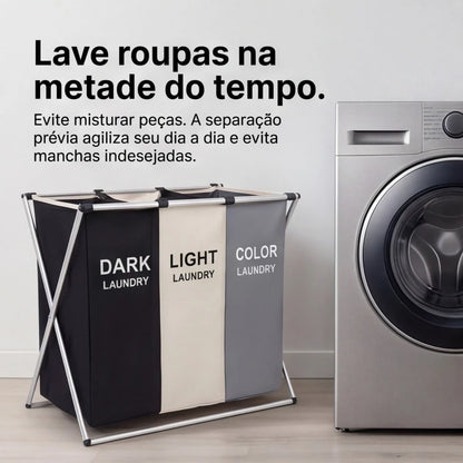 Cesto Organizador de Roupas Dobrável Triplo Premium – 3 Divisórias para Separação Inteligente | Estrutura Reforçada