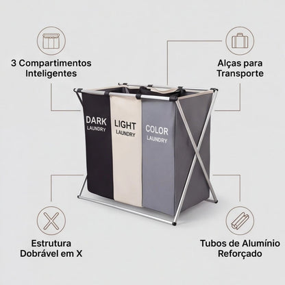 Cesto Organizador de Roupas Dobrável Triplo Premium – 3 Divisórias para Separação Inteligente | Estrutura Reforçada