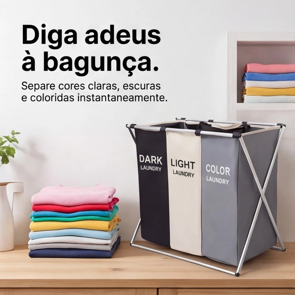 Cesto Organizador de Roupas Dobrável Triplo Premium – 3 Divisórias para Separação Inteligente | Estrutura Reforçada