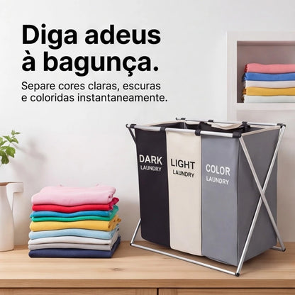 Cesto Organizador de Roupas Dobrável Triplo Premium – 3 Divisórias para Separação Inteligente | Estrutura Reforçada
