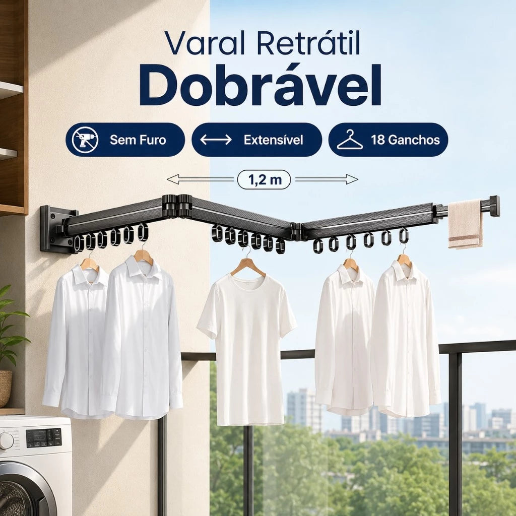 Varal de Parede Extensível em Alumínio – Retrátil 360° com 15 Ganchos | Suporta até 30kg