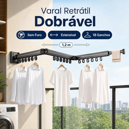 Varal de Parede Extensível em Alumínio – Retrátil 360° com 15 Ganchos | Suporta até 30kg