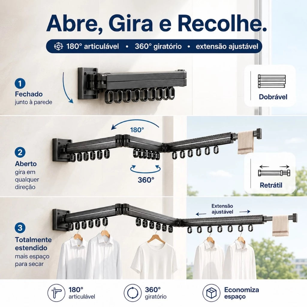 Varal de Parede Extensível em Alumínio – Retrátil 360° com 15 Ganchos | Suporta até 30kg