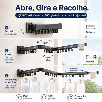 Varal de Parede Extensível em Alumínio – Retrátil 360° com 15 Ganchos | Suporta até 30kg