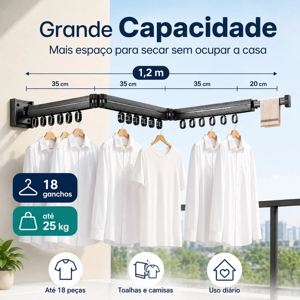 Varal de Parede Extensível em Alumínio – Retrátil 360° com 15 Ganchos | Suporta até 30kg