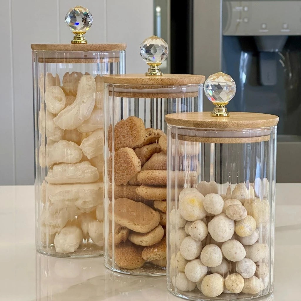 Trio Potes Herméticos de Vidro Canelado Tampa Bambu Luxo