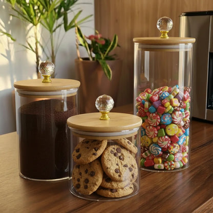 Trio Potes Herméticos de Vidro Canelado Tampa Bambu Luxo