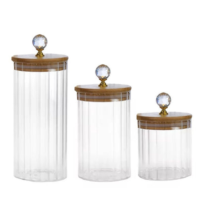 Trio Potes Herméticos de Vidro Canelado Tampa Bambu Luxo
