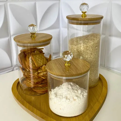 Trio Potes Herméticos de Vidro Canelado Tampa Bambu Luxo