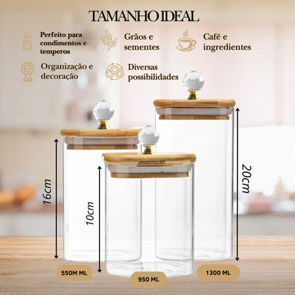 Trio Potes Herméticos de Vidro Canelado Tampa Bambu Luxo